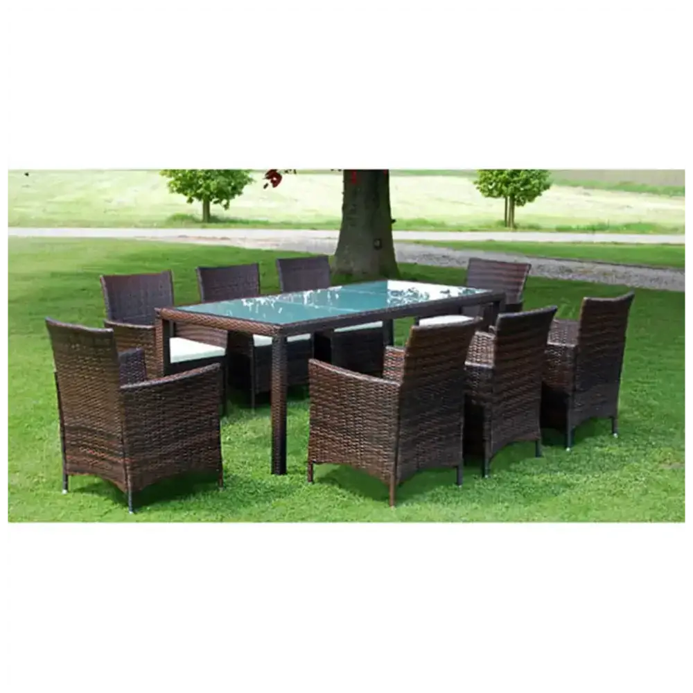 9 piece outdoor dining set with cushions poly rattan brown Nexellus