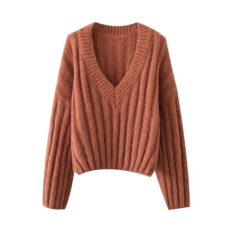 Women’s knitted pullover v-neck lantern long sleeve solid