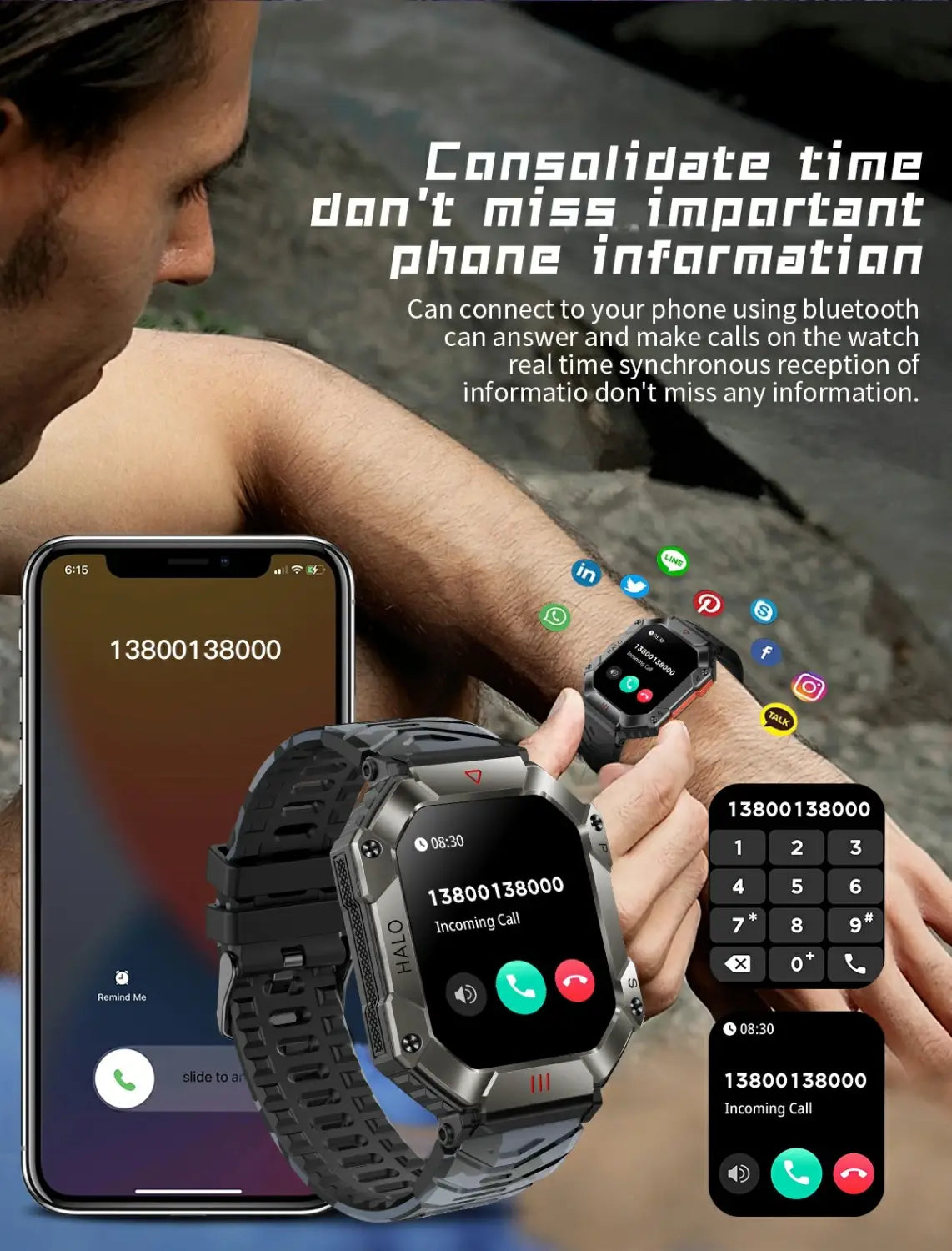 Kr80 bluetooth hd voice call smart watch compass heart rate