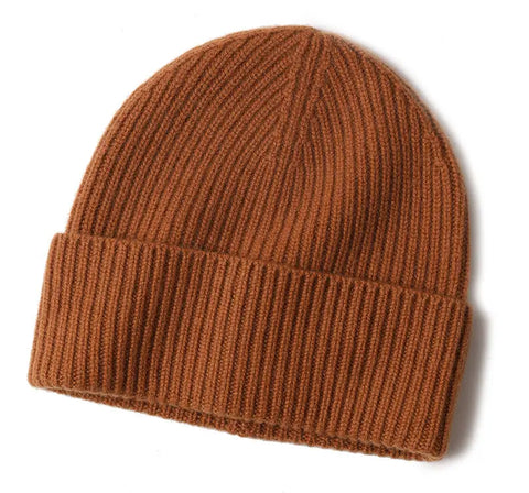 Gorro De Cashmere Acanalado Con Vuelta Ladrillo