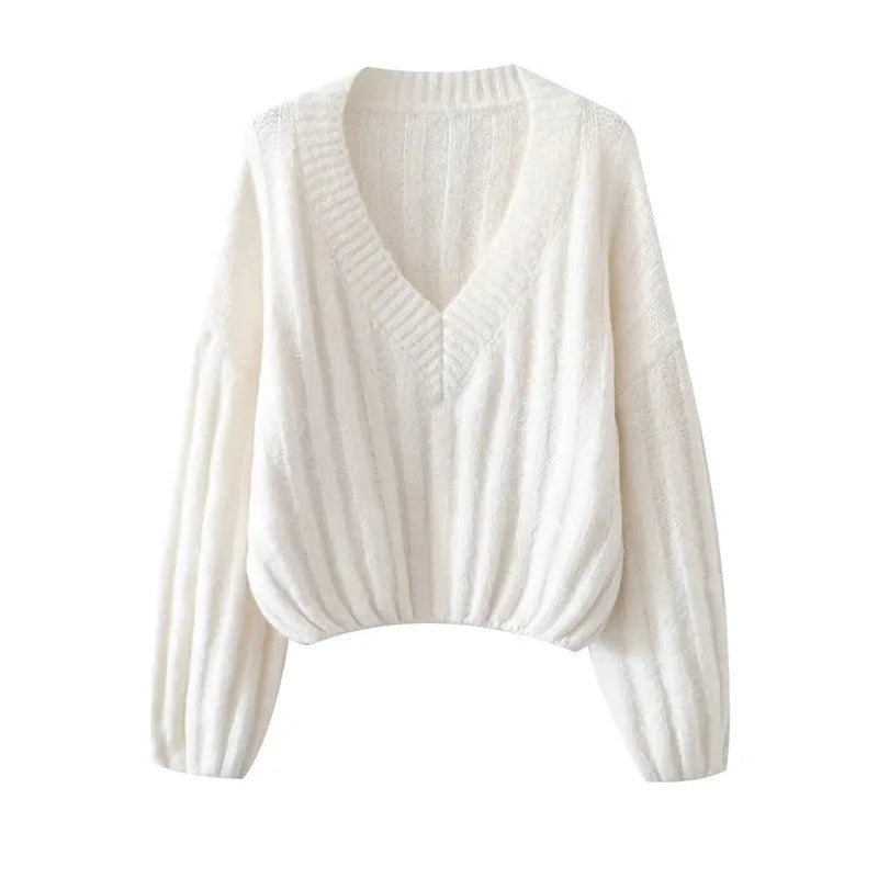 Women’s knitted pullover v-neck lantern long sleeve solid