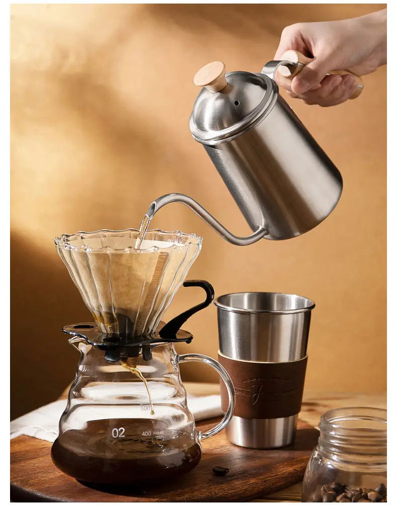 Wooden handle stainless steel coffee hand brew pot 650ml