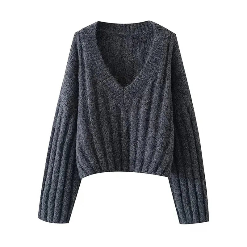 Women’s knitted pullover v-neck lantern long sleeve solid