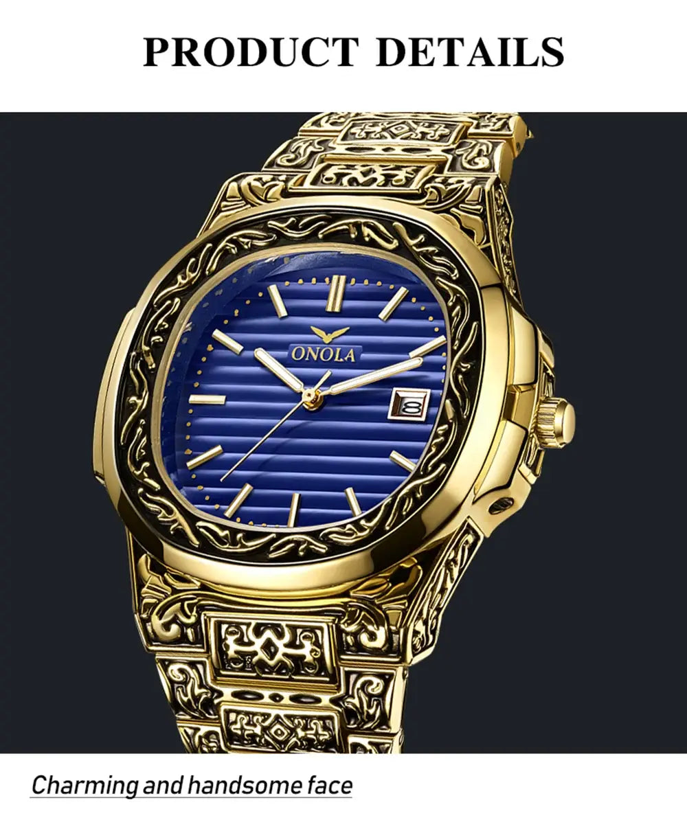 Fashion quartz watch men brand onola luxury retro golden