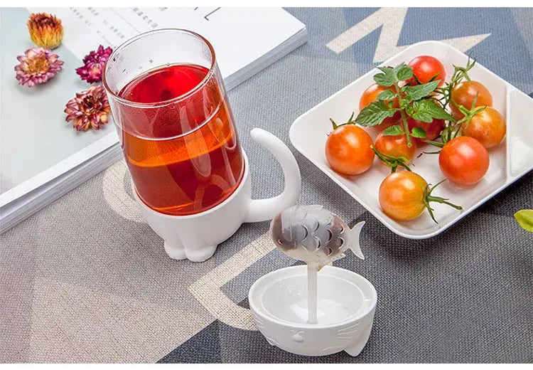 New style cute cat cups tea mug with fish infuser strainer