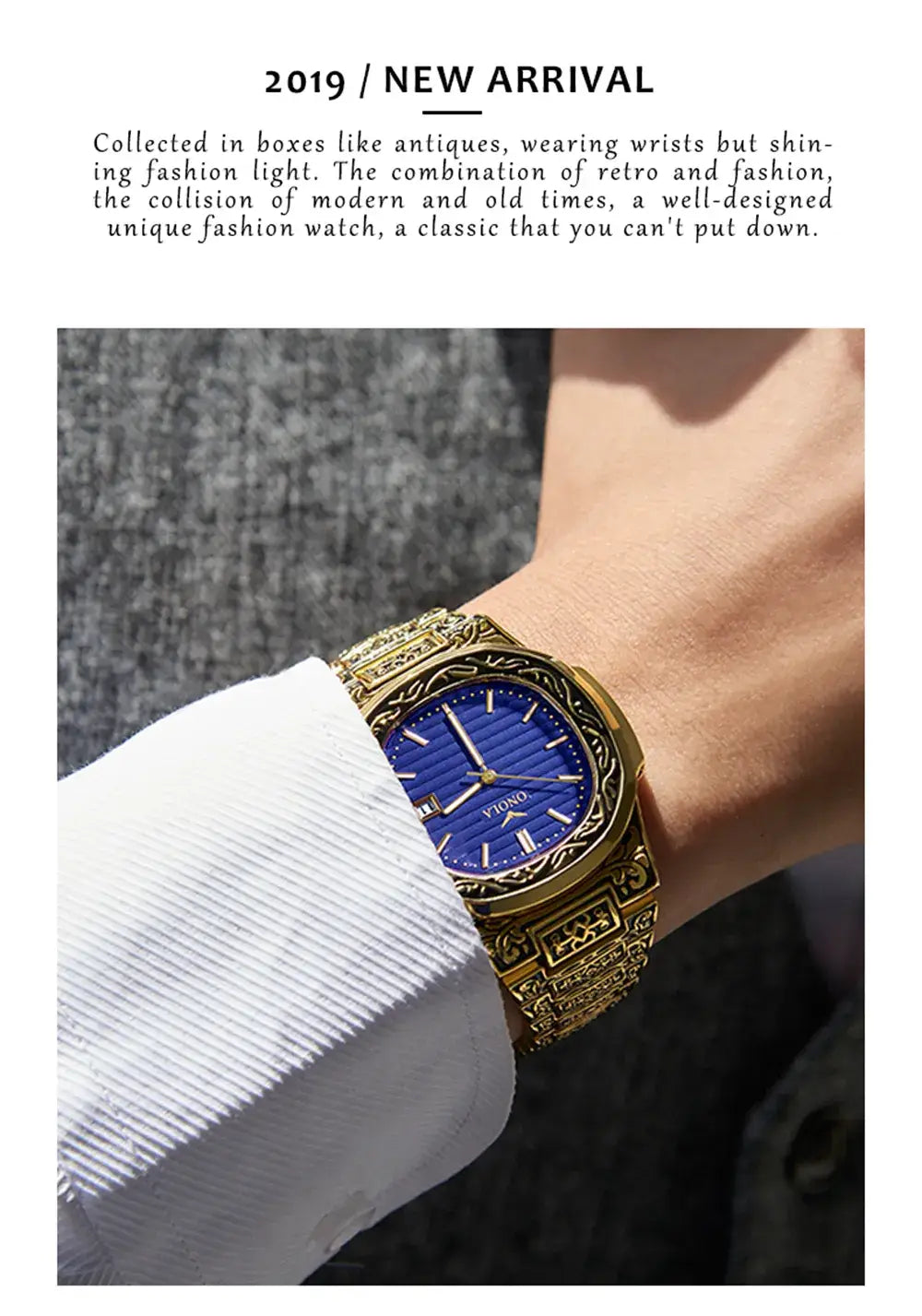 Fashion quartz watch men brand onola luxury retro golden