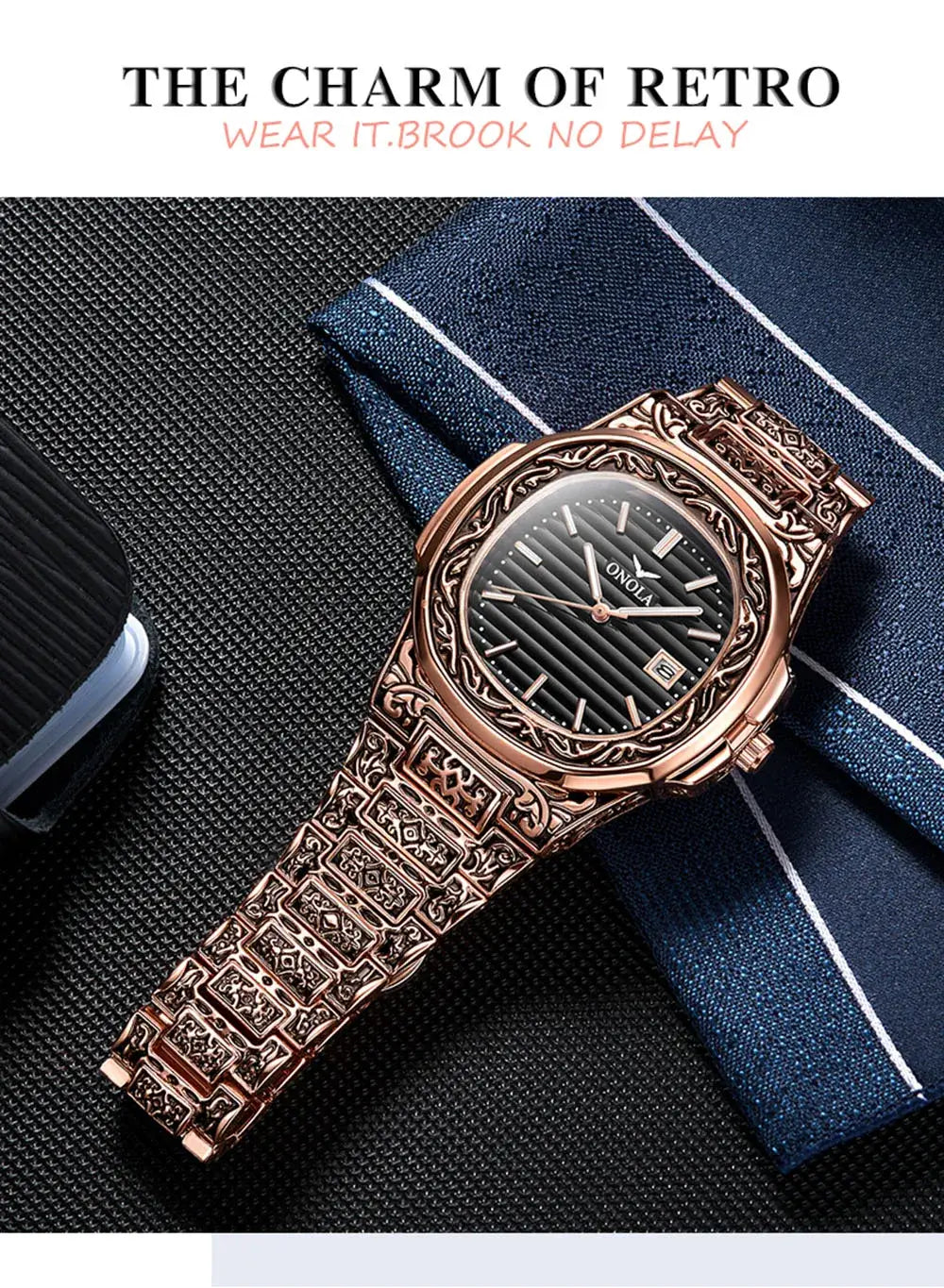 Fashion quartz watch men brand onola luxury retro golden