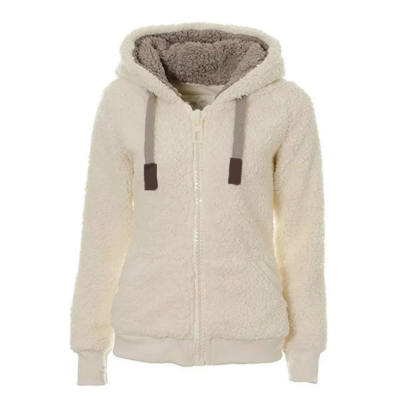 Women fleece sweater fluffy thick hooded warm zipper