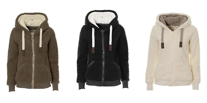 Women fleece sweater fluffy thick hooded warm zipper