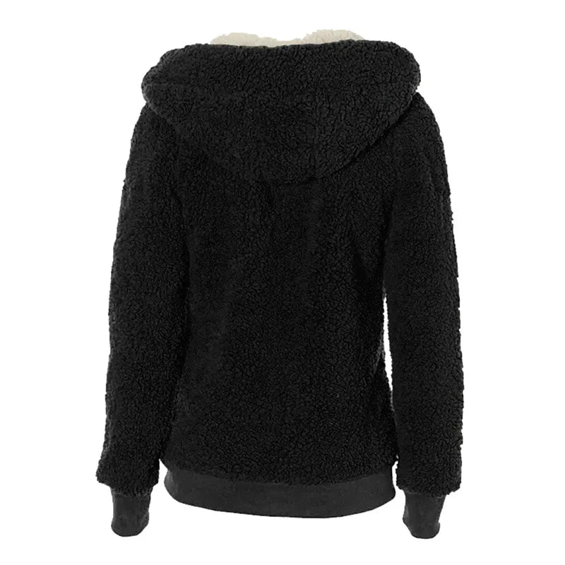 Women fleece sweater fluffy thick hooded warm zipper