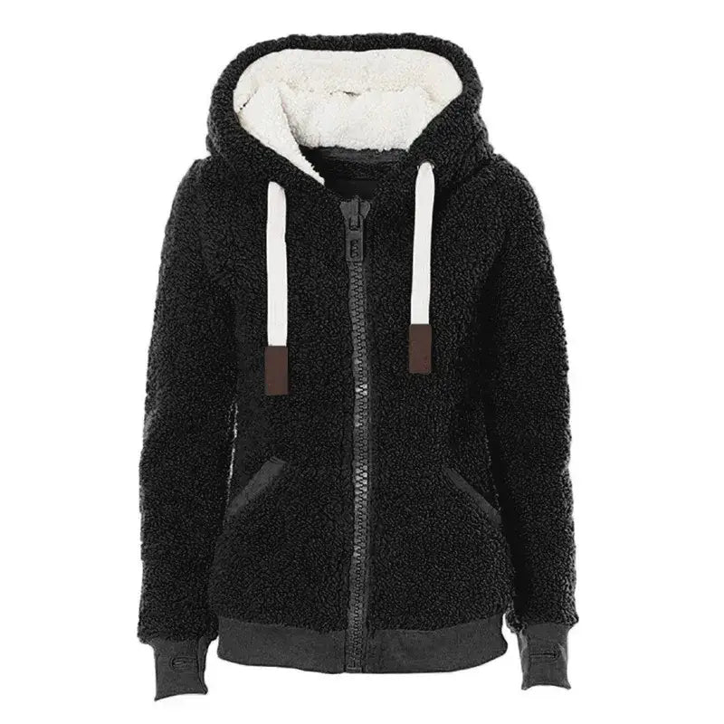 Women fleece sweater fluffy thick hooded warm zipper