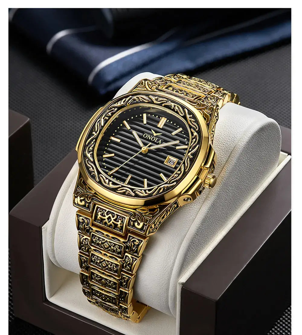 Fashion quartz watch men brand onola luxury retro golden