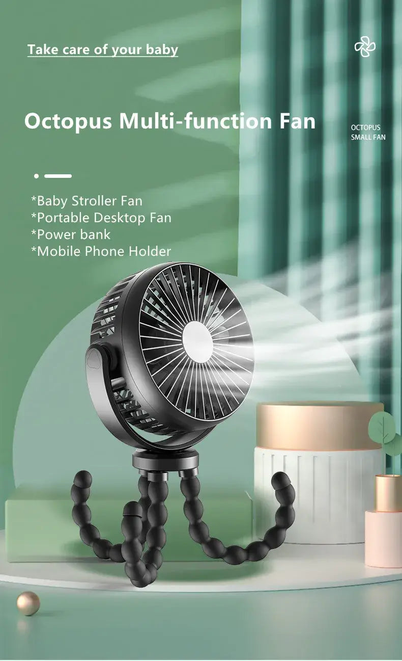 Mini ventilateur de poussette pour bébé poulpe, rotation à 360 degrés