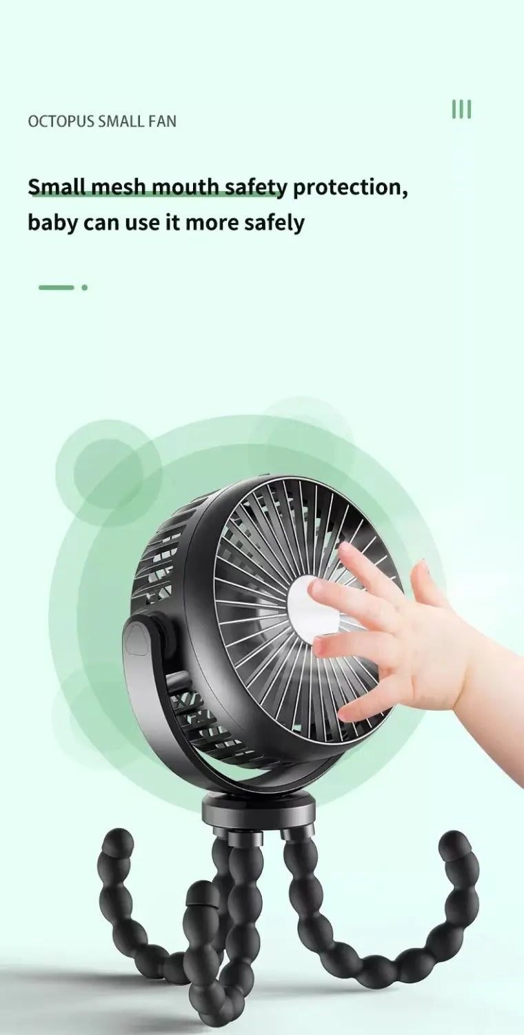 Mini ventilateur de poussette pour bébé poulpe, rotation à 360 degrés