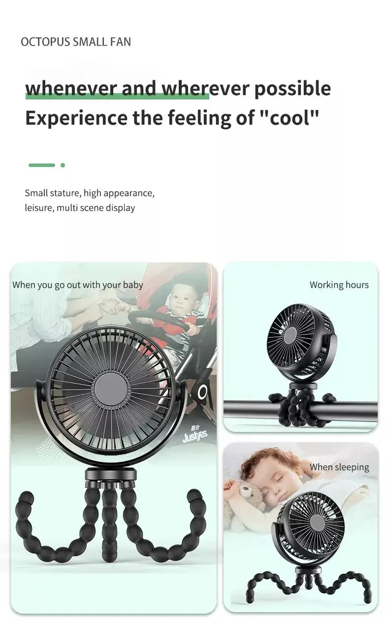 Mini ventilateur de poussette pour bébé poulpe, rotation à 360 degrés