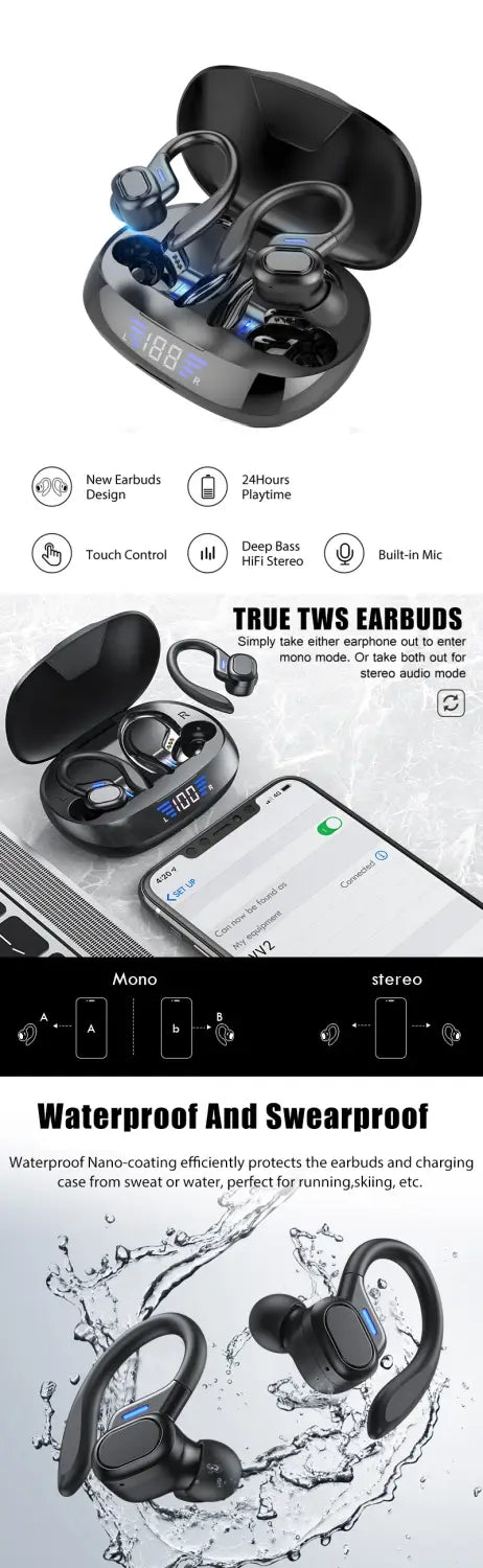 Tws true wireless bluetooth headset 5.0 digital display