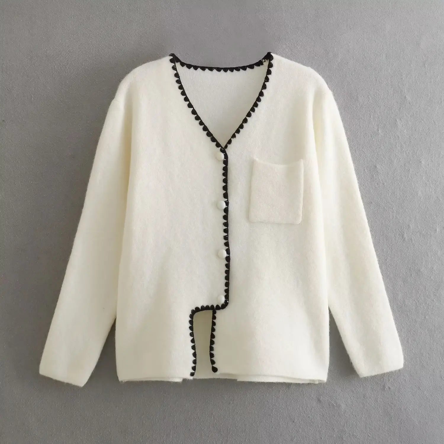 Women sweater solid v neck single button long sleeve loose