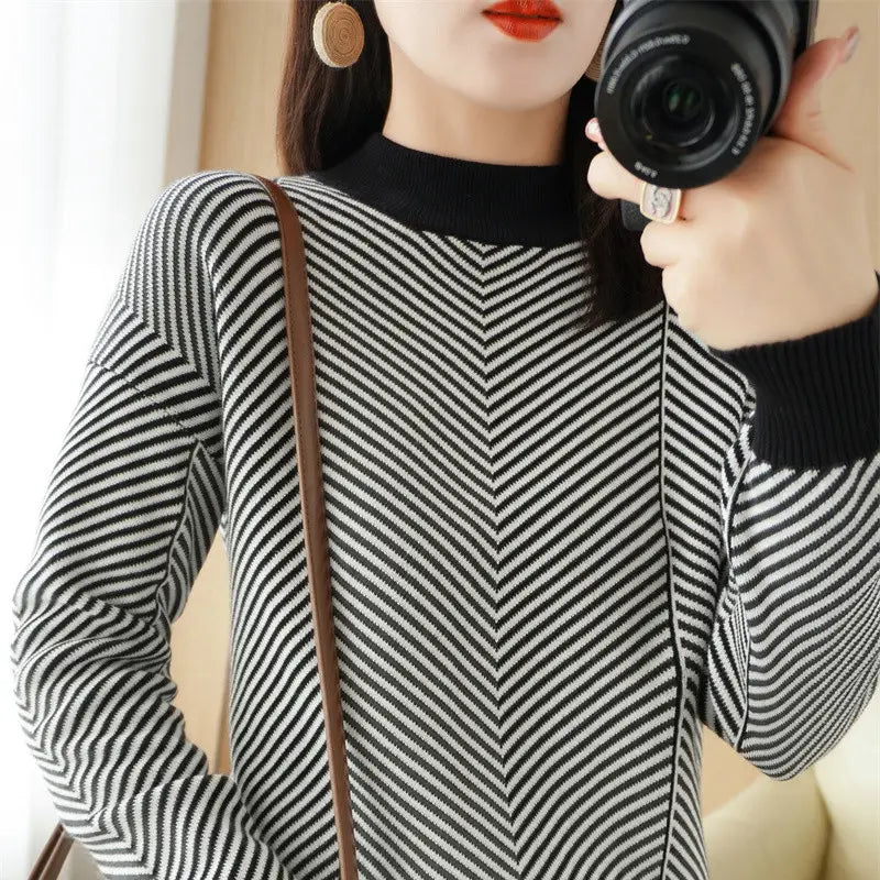 O neck women striped sweater streetwear knitted pullovers