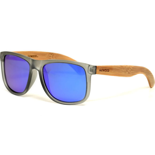 Square bamboo wood sunglasses blue mirrored polarized lenses