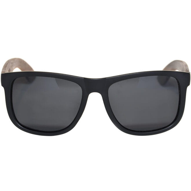 Square walnut wood sunglasses black polarized lenses acetate front