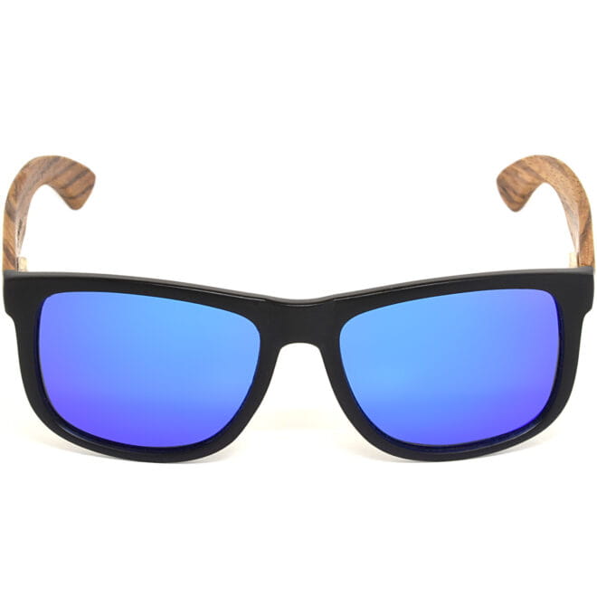 Square zebra wood sunglasses blue mirrored polarized lenses acetate front