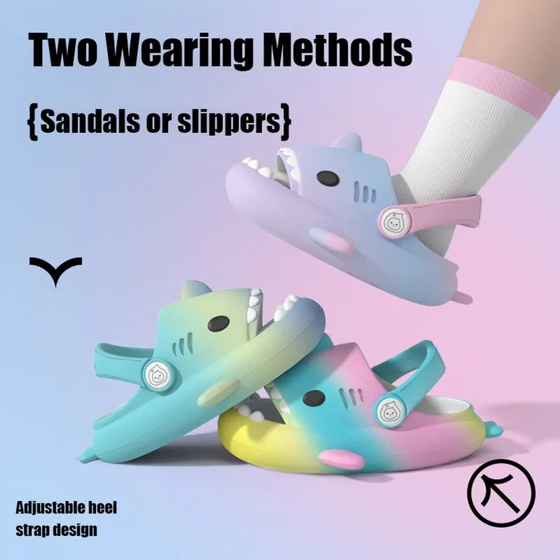 New gradient shark cartoon kids’ slippers - trendy beach