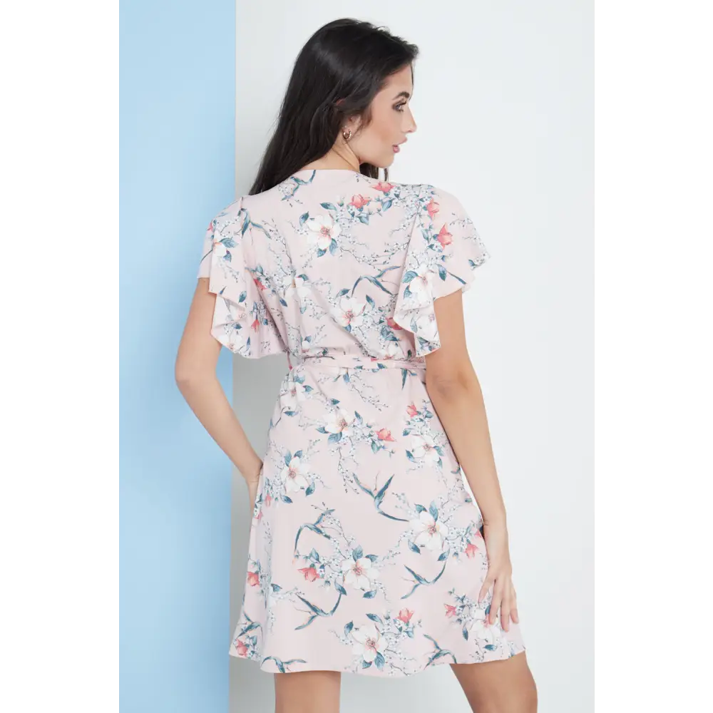 Angel sleeves wrap dress in pink floral print