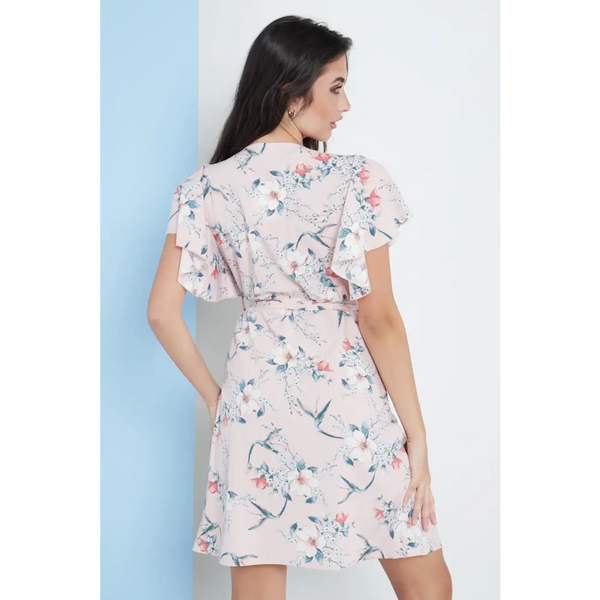 Angel sleeves wrap dress in pink floral print