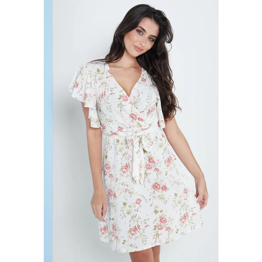 Angel sleeves wrap dress in white floral print