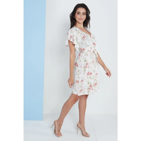 Angel sleeves wrap dress in white floral print