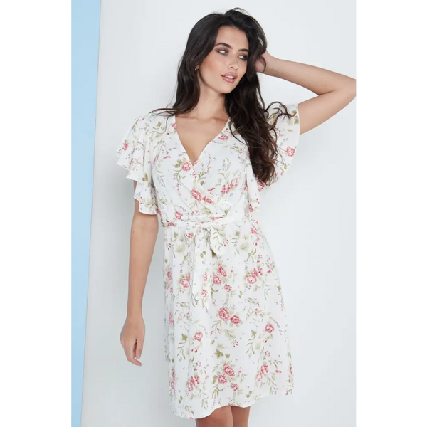 Angel sleeves wrap dress in white floral print