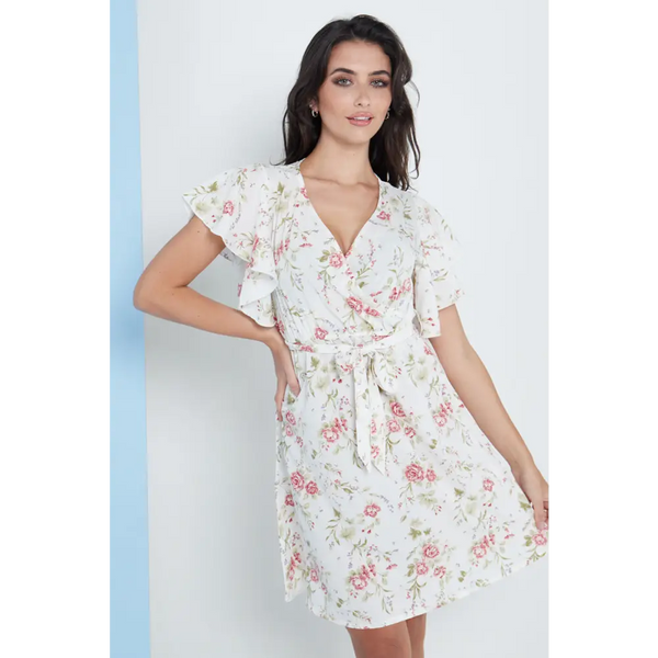 Angel sleeves wrap dress in white floral print