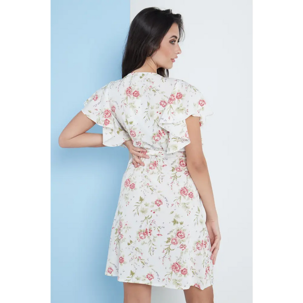 Angel sleeves wrap dress in white floral print