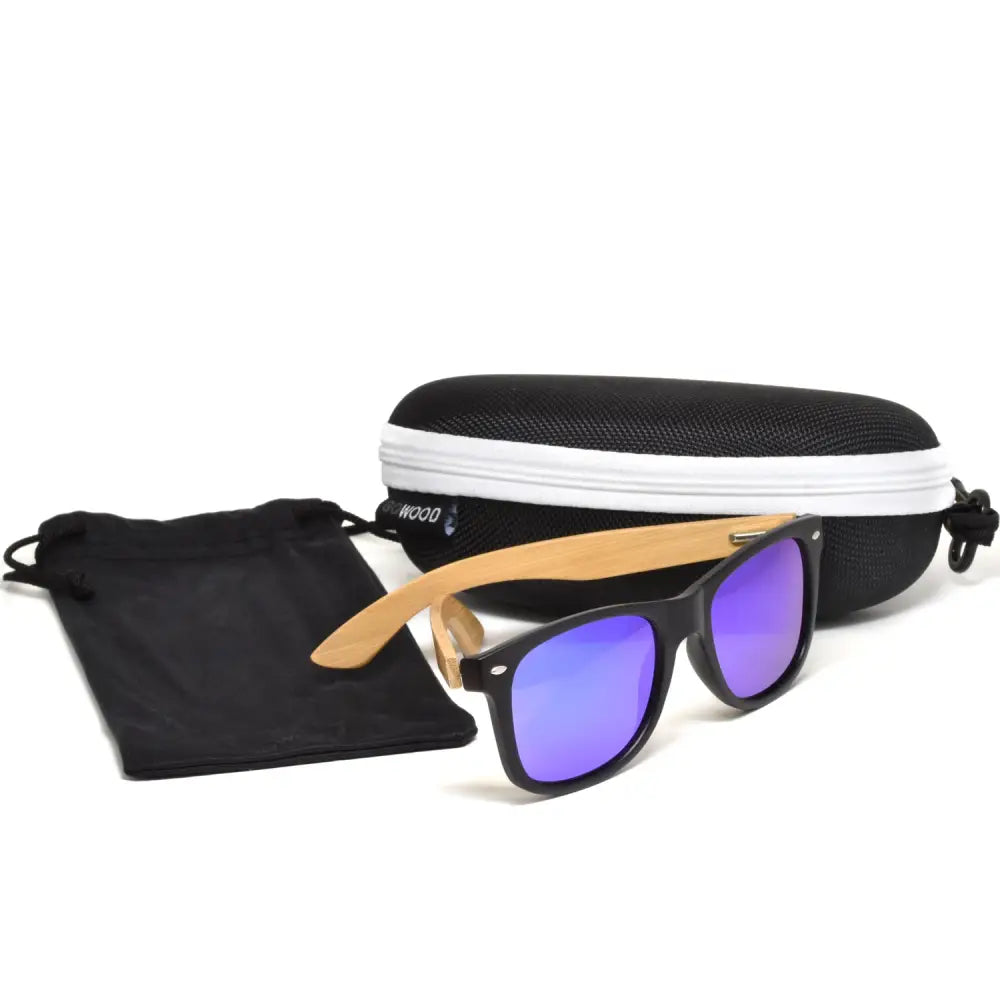 Bamboo wood classic style sunglasses with blue mirrored