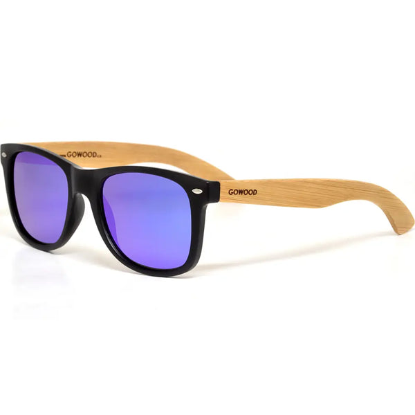 Bamboo wood classic style sunglasses with blue mirrored