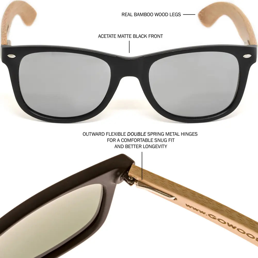 Bamboo wood classic style sunglasses with silver mirrored polarized lenses - Nexellus