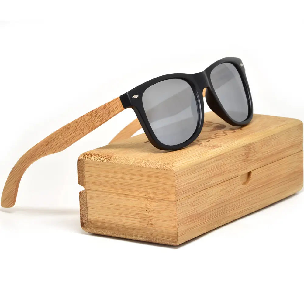 Bamboo wood classic style sunglasses with silver mirrored polarized lenses - Nexellus