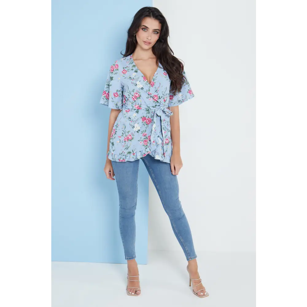 Blue floral wrap top