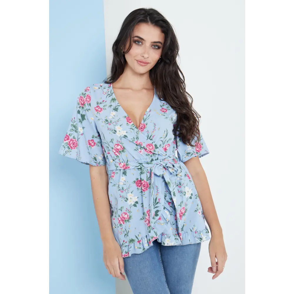 Blue floral wrap top