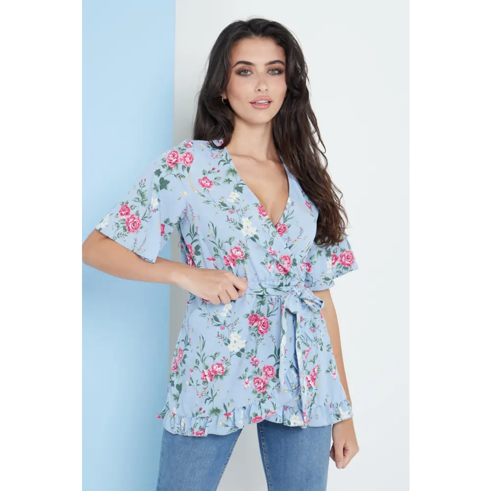 Blue floral wrap top