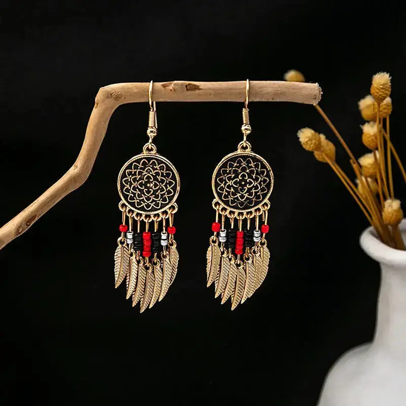 Boho dream catcher feather tassel earrings Nexellus