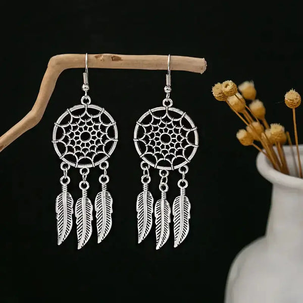 Boho dream catcher feather tassel earrings Nexellus