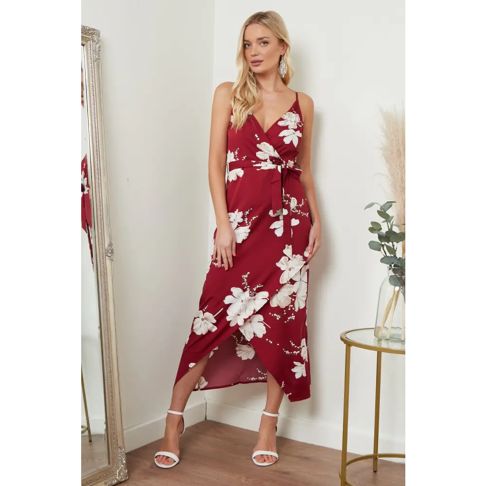 Cami wrap midi dress in red floral print