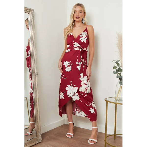 Cami wrap midi dress in red floral print