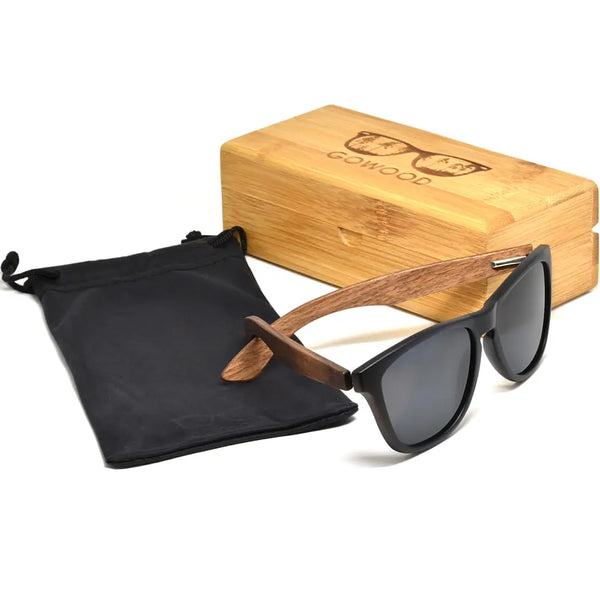 Classic walnut wood sunglasses with black polarized lenses