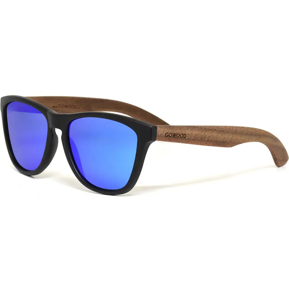 Classic walnut wood sunglasses with blue mirrored polarized