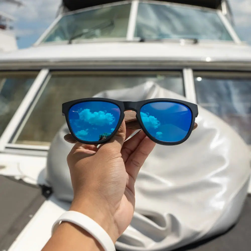 Classic walnut wood sunglasses with blue mirrored polarized