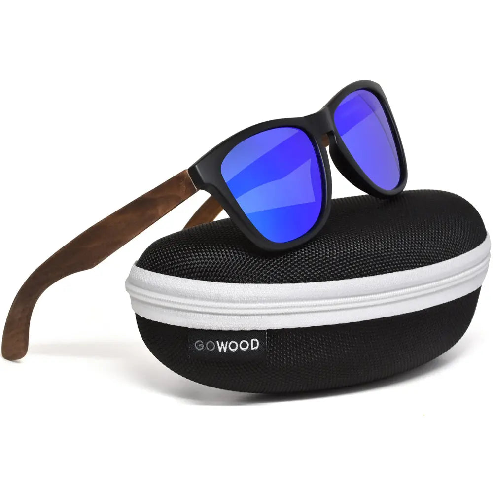 Classic walnut wood sunglasses with blue mirrored polarized