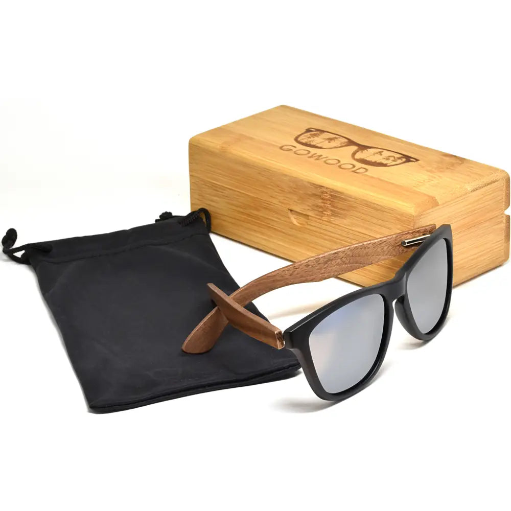 Classic walnut wood sunglasses with silver mirrored