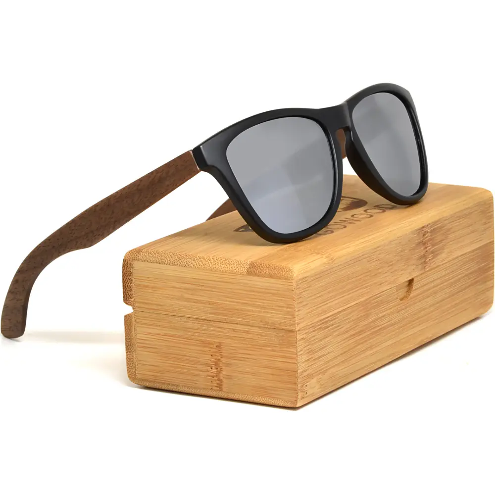 Classic walnut wood sunglasses with silver mirrored